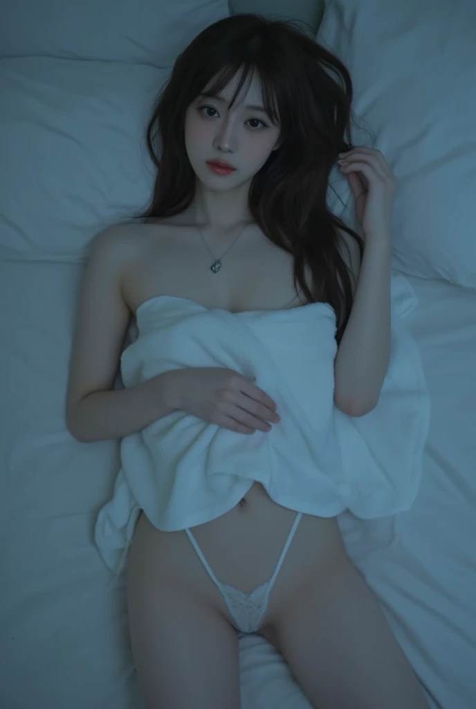 She is lying on the bed naked, her body covered by a small towel, black long hair, wide hips, wide pelvis, thick thighs, perfeat body