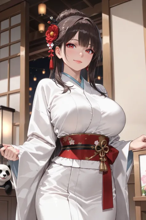 "A beautiful woman wearing a Japanese kimono,  long hair, thin waist, (((Big Breasts))),Smile、2D, cute, anime style, red eyes, detailed panda,  bun hair, (highest quality, 4K, 8k, high resolution, masterpiece:1.2), ultra detail, (realistic, photo-realistic...