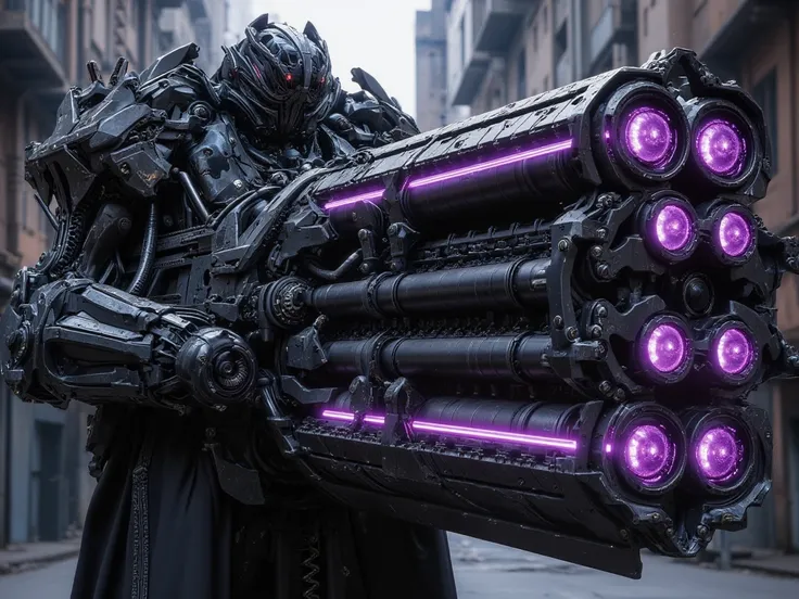  dark metal , purple glowing parts, powerful huge machine gun, four large-caliber barrels, large pen, butt, cyber