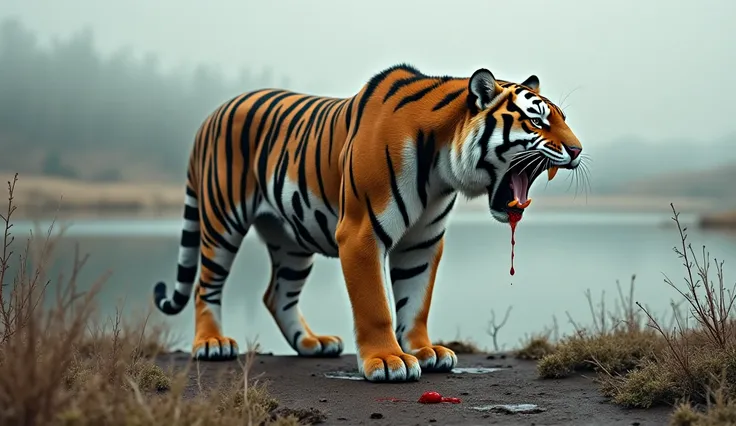 A tiger with a porcupine thorn on its belly is howling in agony where it stands. The place is desolate by a lake. The body is bleeding slowly.