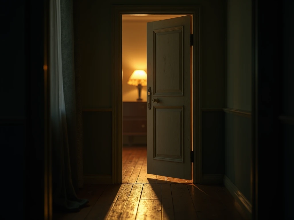 Cinematic film still of a slightly ajar door in a quiet, dimly lit house, seemingly closing on its own. The door creaks as it moves, casting long, dramatic shadows across the wooden floor. The scene is illuminated by a single flickering light from a nearby...