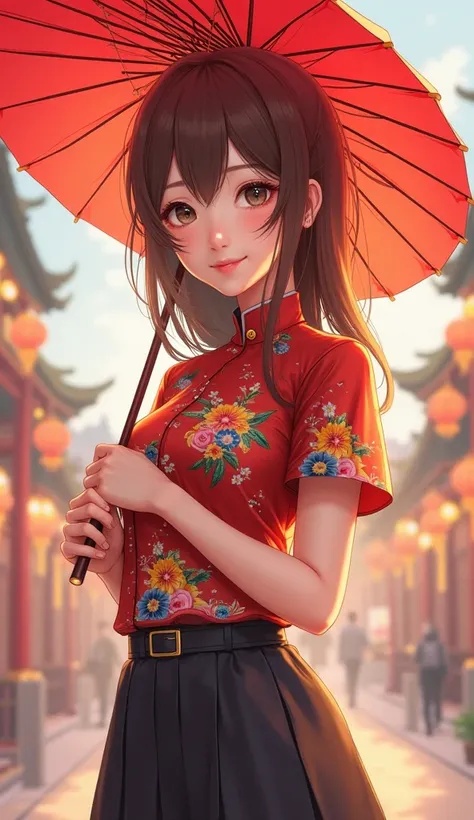 THE BROWN-HAIRED ANIME WOMAN WEARING A CHINESE NEW YEAR SHIRT, LONG LEGS, GRAY EYES, IS ABOUT 20 YEARS OLD AND HOLDS A CHINESE UMBRELLA IN HER RIGHT HAND.