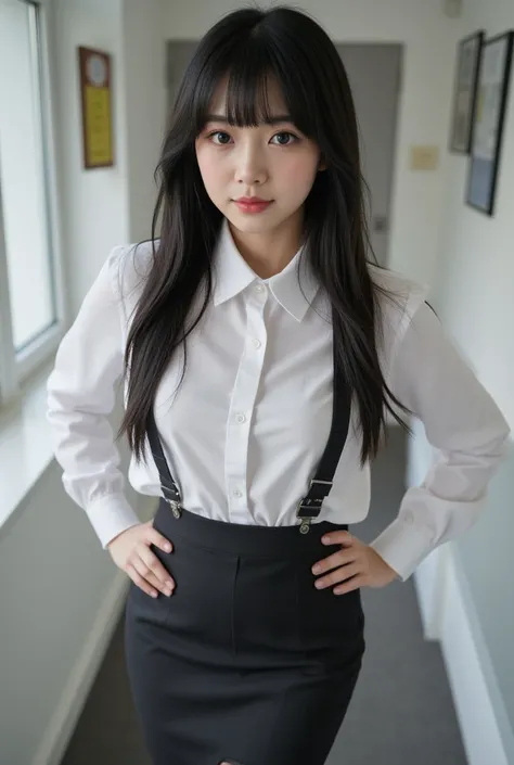 Very pretty office girl, office uniform, Pretty face, hands on hips, High details, Beautiful. Black hair, Masterpiece, Super Detailed, Textured Skin, realistic, full body, POV, from above,High Resolution, Anatomically Correct, Accurate, Best Quality, Detai...