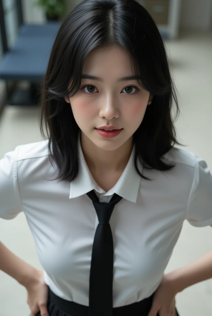 Very pretty office girl, office uniform, Pretty face, hands on hips, High details, Beautiful. Black hair, Masterpiece, Super Detailed, Textured Skin, realistic, full body, POV, from above,High Resolution, Anatomically Correct, Accurate, Best Quality, Detai...