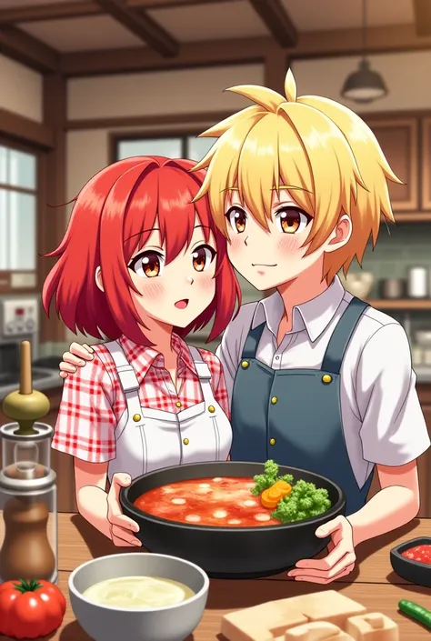 Red anime girl with brown eyes and blonde and amber eyed anime boy with red anime girl with amber eyes in a kitchen 