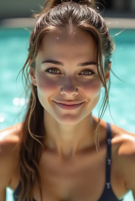 A high-resolution , photorealistic portrait of the most beautiful 19-year-old woman in the world with athletic figure, she is waering jeans and a shirt, swimming, behind, her face radiates determination and charisma , with a radiant smile , that accentuate...