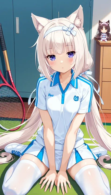 vanilla, NEKOPARA,   with ribbon decorations on her head,   in tennis uniform with white miniskirt Women in white tights,  At home high quality Anatomy Perfect Nekomimi, 