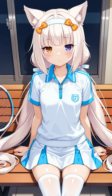 vanilla, NEKOPARA,   with ribbon decorations on her head,   in tennis uniform with white miniskirt Women in white tights,  At home high quality Anatomy Perfect Nekomimi, 