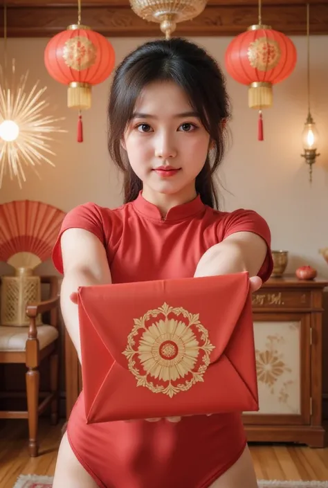 Girls in standing split：1.5， masterpiece,  high quality ,  Best Quality , " A happy and lovely  ， with shining eyes ,  bright smile , and rosy cheeks,  wearing a festive red envelope ， with a festive red fan . She reached forward, 拿着一个特大的Red envelope (Red ...