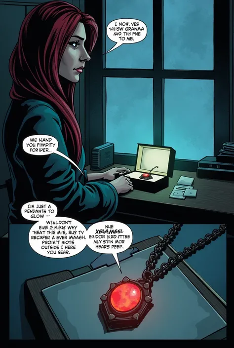 Panel 2: She glances at a small box on her desk. Inside it is a family heirloom: a beautiful pendant with a glowing red stone. Her late grandmother had given it to her when she was a , but Xera had never understood its significance.

Xera (thinking):
"I do...