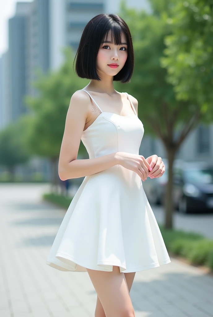 Realistic photos, 8k ,Handsome young Korean femboy with bob cut,(Ultra-realistic), (High resolution), (8k), (Very detailed), (Best figure), (Beautiful fine details), (highest quality), (Super detailed), (masterpiece), (Detailed face), whole body, Black hai...