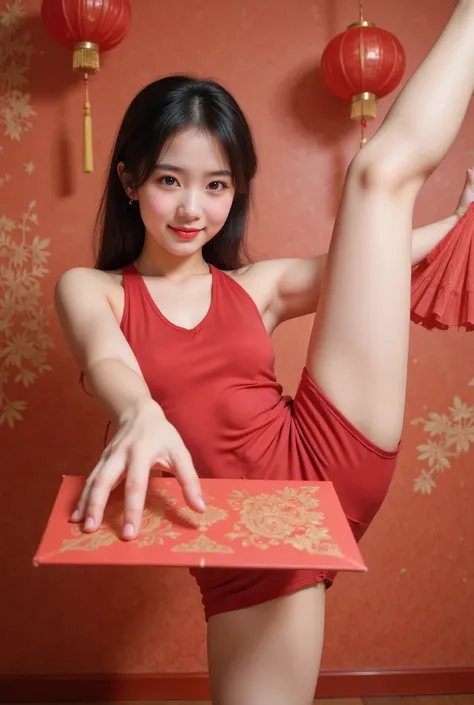 Girls in standing split：1.5， masterpiece,  high quality ,  Best Quality , " A happy and lovely  ， with shining eyes ,  bright smile , and rosy cheeks,  wearing a festive red envelope ， has an intricate gold flower pattern on it. She reached forward, 拿着一个特大...
