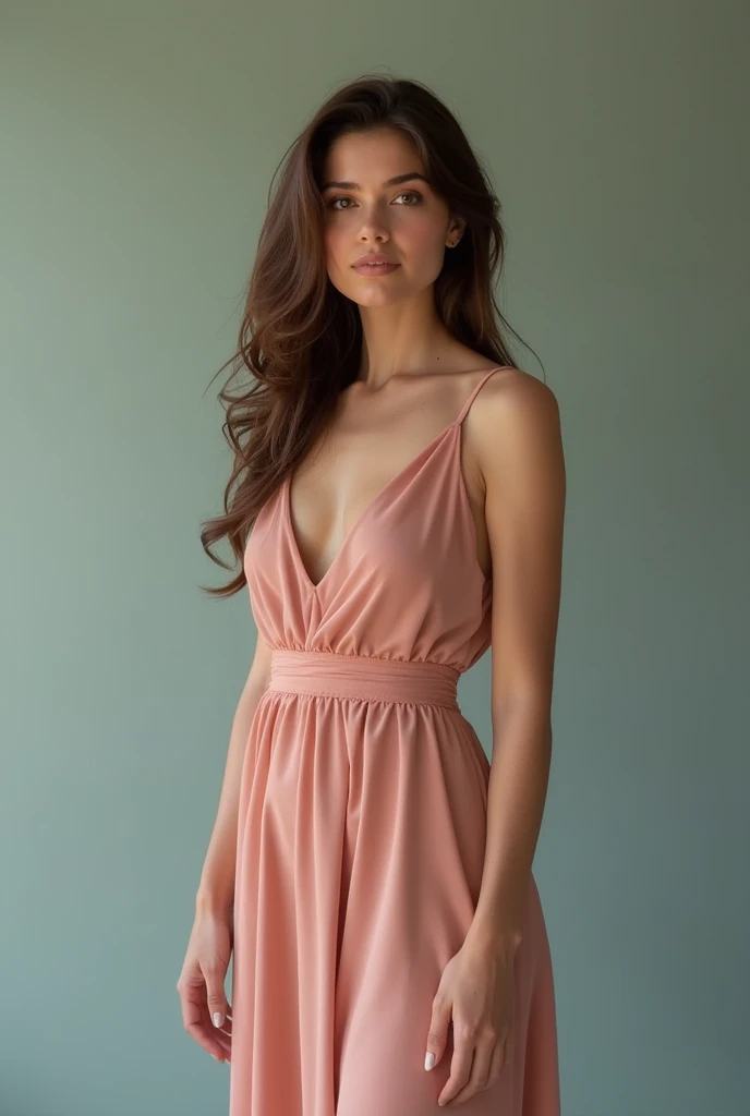 adult about 25, realistic brunette, standing straight and posing for the camera.  she stands there like she's having a photo shoot. I need a full-length photograph of a woman where her legs are visible. she's wearing a beautiful dress