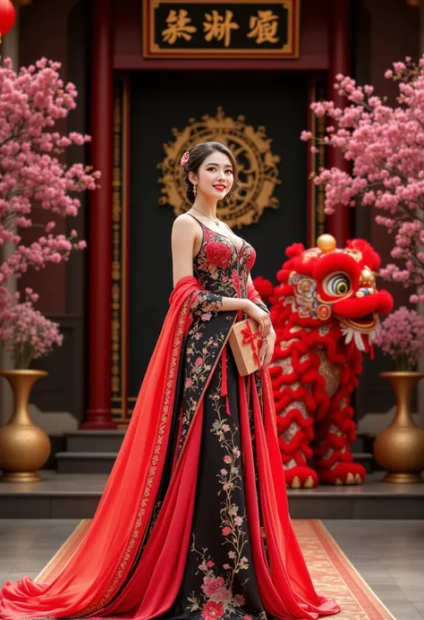 potret  realistic  seorang wanita korea yang sangat cantik dan anggun, smiling expression, Hair , Hair ditata gaya updo canggig dengan HIAS SEDIKIT BUNGA DAN MAS  ,  slightly curvy, earrings , small necklace,  wearing red moon costume ao dai ,  long dress ...