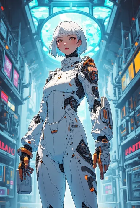 A stylish anime-style female scientist, with short, white hair, is depicted in a sleek, dark-grey time travel suit. The suit is highly detailed, incorporating elements of both scientific practicality and futuristic design.  She stands confidently in a high...