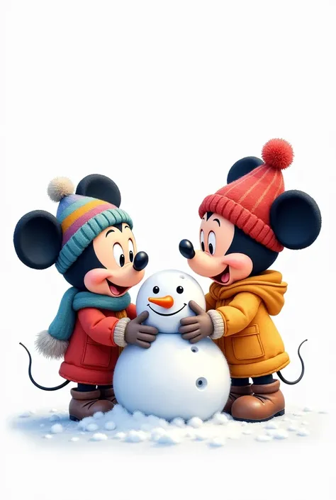 winter season , 2 ren Mickey baby make a snowman dressed warmly , white background , Pixar style watercolor  , image haute résolution, qualité d'image nette,  