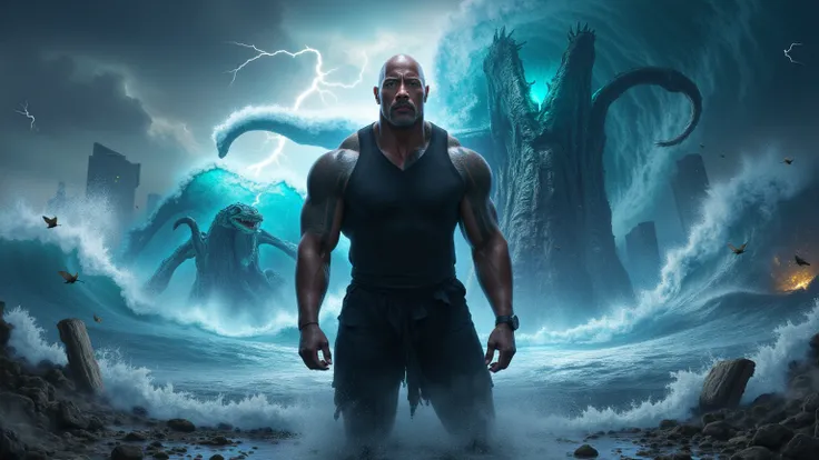 A hyper-realistic digital painting of Dwayne Johnson standing firmly, looking straight ahead with a determined and intense expression. Behind him, a massive tsunami wave crashes down, engulfing a city with destroyed buildings and debris flying through the ...