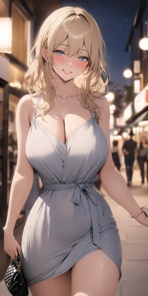 top quality, masterpiece,  high resolution, 8k, 1 girl, Alone, (((cowboy shot))), milf, Busty MILF,  gentle blue droopy eyes,  blonde semi-long,  handbag , sexy casual dress, Shake hands happily, Married Woman Smiling at Night