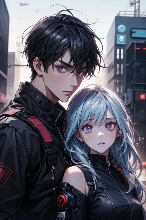 anime couple, boy and girl, cyberpunk style, high-tech city background, looking at viewer, sharp eye details, sharp face details, body details, for 4k and 8k images