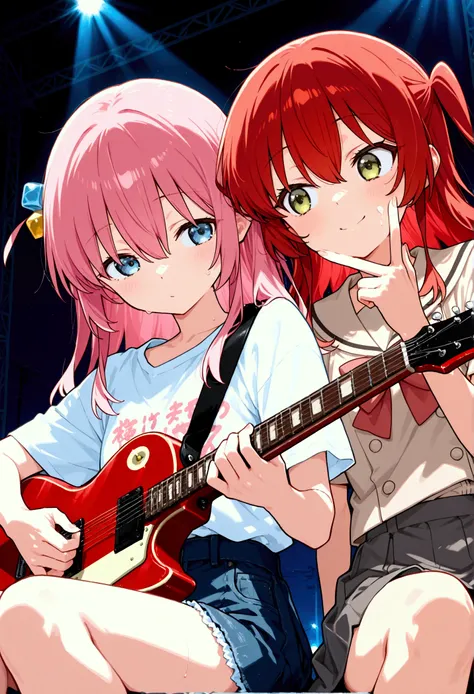 hitori gotou, blue eyes, cube  hair ornament,  hair between eyes,  hair ornament,  pretty illustration with pink hair , One side up,  long hair,Break Kita Ikuyo , BREAK Two Girls、guitar、 on my face、