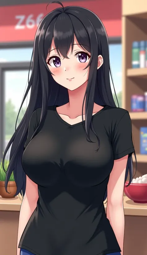 A store worker.  she has long black hair , is white skinned, She's not too fat or too thin. her breasts are huge ,  but they're covered by their tight black t-shirt. is american.  anime style