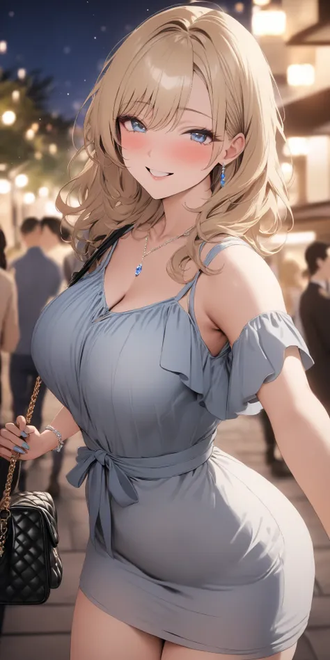 top quality, masterpiece,  high resolution, 8k, 1 girl, Alone, (((cowboy shot))), milf, Busty MILF,  gentle blue droopy eyes,  blonde semi-long,  handbag , sexy casual dress, Shake hands happily, Married Woman Smiling at Night