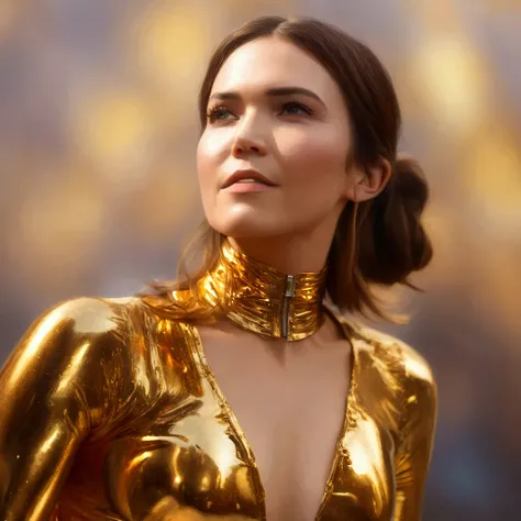 best quality, highres, 8k, masterpiece, photography, detailed midbody photorealistic portrait. Golden Glory exudes Mandy Moore's amber magnificence. Clad in a golden latex catsuit, she ties up her prey with golden restraints. Her dark hair is pulled into a...