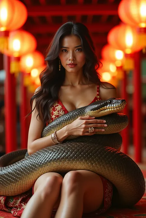 High resolution photo of a massive anaconda snake, elegantly wrapped around a beautiful Indonesian woman, Sexy, Erotic, festive fancy dress, Chinese New Year, studio photography, 35mm photograph, amazing lighting, professional photograph, red environment w...