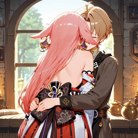 Love couple, Rudeus Greyrat and Yae Miko, hugging each other, medieval room in background, masterpiece, best quality, High resolution 