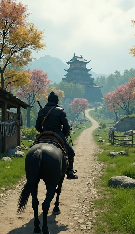 A third-person action-adventure video game scene set in feudal Japan. A ninja-like warrior, dressed in dark tactical gear with a hood and a katana strapped to their back, is riding a black horse along a dirt road. The lush countryside is filled with green ...