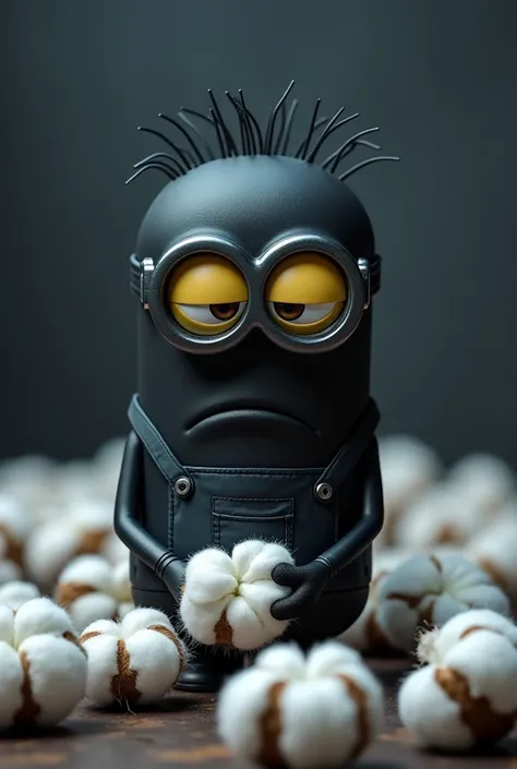 Generate an image of a black sad minion who collects cotton