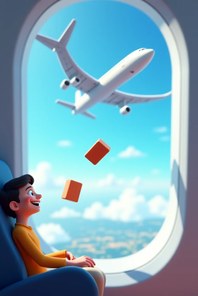 
"A 3d large airplane is flying in the blue sky. An individual is sitting near the window, throwing a brick down toward the ground. The brick is falling quickly, while the person is smiling. In the background, there are clouds, and the ground is far below....