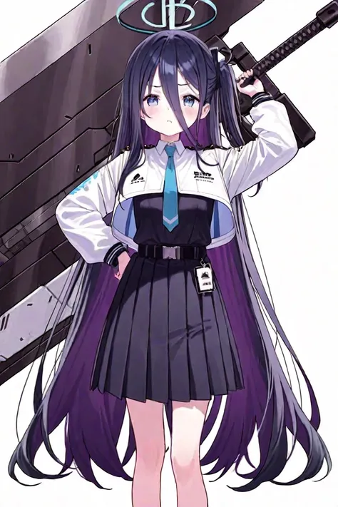  girl、 very long hair 、uniform、I'm wearing a white jacket、 cute、I'm easygoing 、Apathy、big weapon in the back