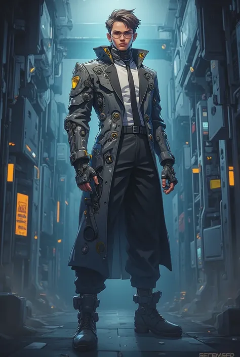 An anime-style young man with brown hair and glasses is depicted in a meticulously detailed, dark-grey time travel suit. The suit combines elements of classic tailoring with futuristic technology, suggesting both elegance and advanced functionality. He sta...