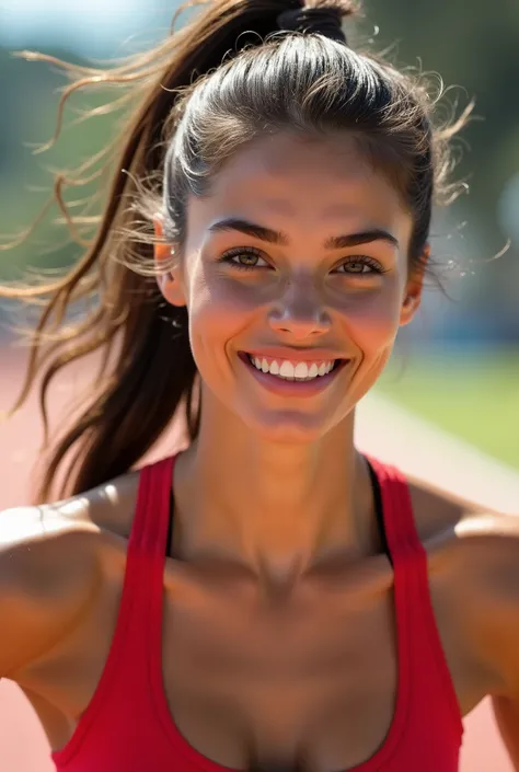 A high-resolution , photorealistic portrait of the most beautiful 19-year-old woman in the world with athletic figure, running, behind, her face radiates determination and charisma , with a radiant smile , that accentuates her perfect symmetry and flawless...