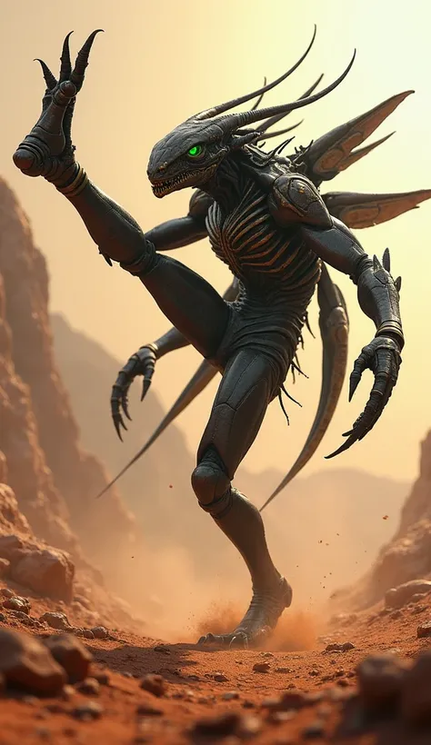 A creature from Mars that lifts a giant sharp leg high like kung fu and kicks it away