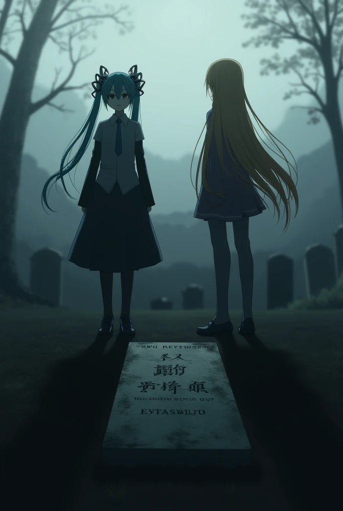  kasane teto, Akita Neru standing on Hatsune Miku's grave