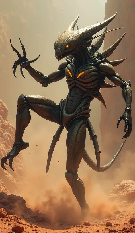 A creature from Mars that lifts a giant sharp leg high like kung fu and kicks it away