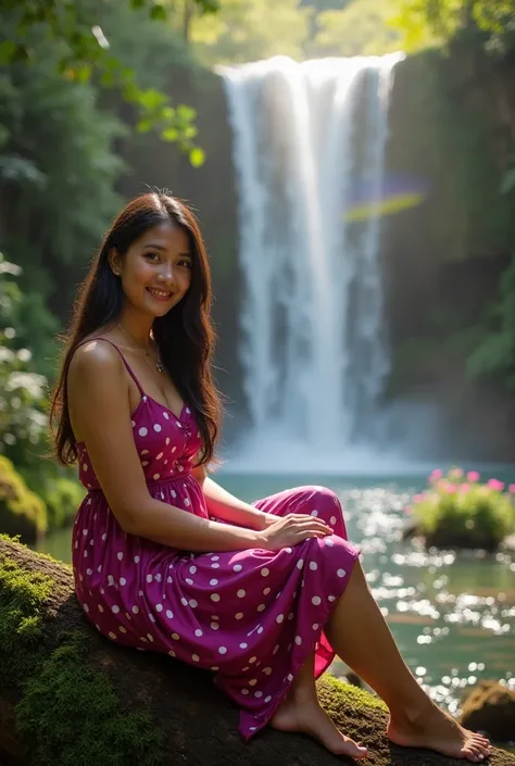 A beautiful Filipina woman smiling sitting on a tree trunk on a mossy green based wearing a magenta polka satin dress. In the background of the forest, some colorful flowers. A bright waterfall reflecting a ray of sunlight that shines on the waterfall form...