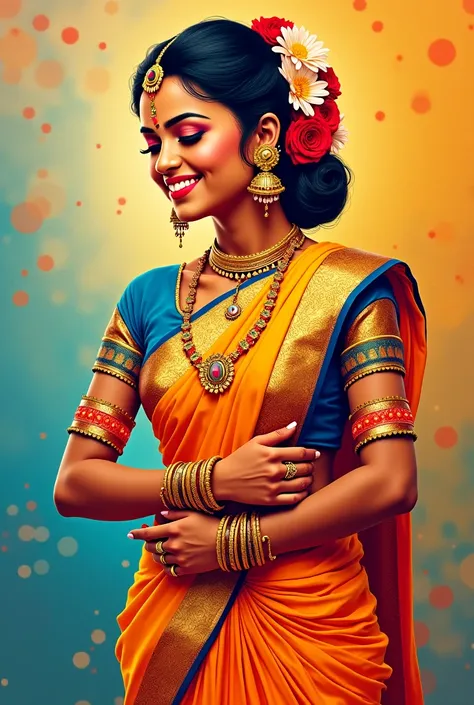 "Create a vibrant, detailed bust artwork of a Tamil Nadu Karakattam woman dancer in a front view. She is depicted in a graceful, stylized pose, emphasizing flowing feminine curves and elegance. She wears a traditional, brightly colored saree with intricate...