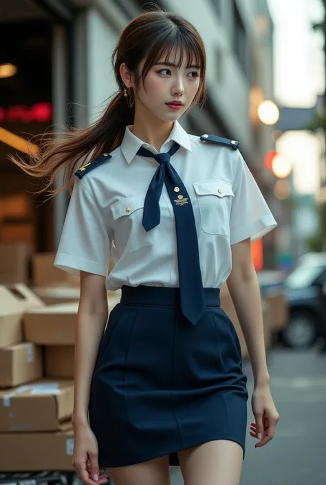 Sexy beautiful Japanese woman, a self defense officer uniform, wearing a white short-sleeved shirts, navy blue tie, navy blue pencil skirt, Black patent high heels, beautiful hip-line, Beautiful thighs,  cart loaded with cardboard, outside warehouse, eveni...