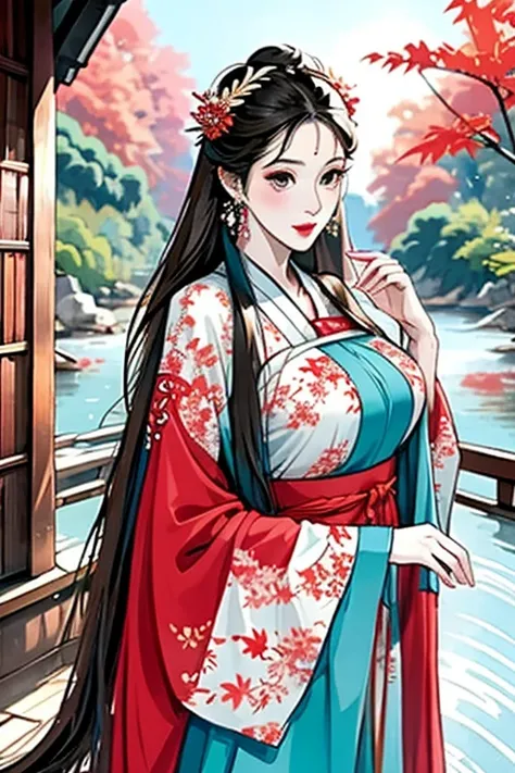   intense watercolor、 ink painting、 beautiful woman in a Japanese garden  、 random pose、  thick brown hair、  very elaborate face in a body of water 、 red lips、 beautiful brown eyes 、 perfect style、Moderate bust、 fall season , Red maple leaves turn red 、  w...