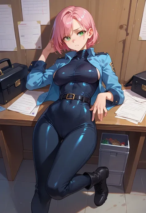  medium boob girl, long light pink hair, emerald eyes, tight black jumpsuit, blue short jacket, black boots, on a police private office, criminal case om the board on wall, sitted in a chair with the legs on the wooden desk
