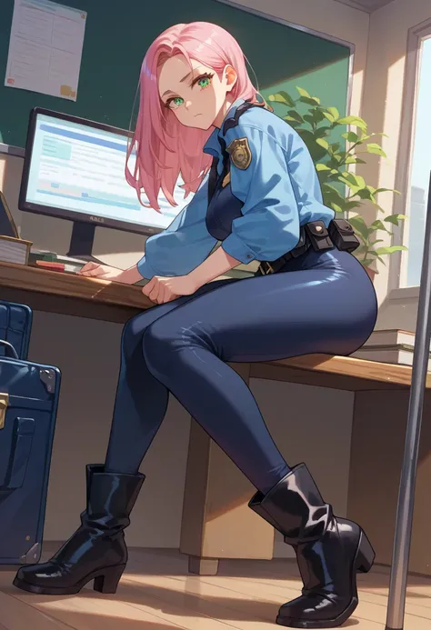  medium boob girl, long light pink hair, emerald eyes, tight black jumpsuit, blue short jacket, black boots, on a police private office, criminal case om the board on wall, sitted in a chair with the legs on the wooden desk
