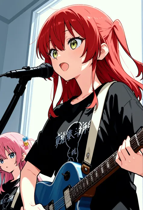 hitori gotou, blue eyes, cube  hair ornament,  hair between eyes,  hair ornament,  pretty illustration with pink hair , One side up,  long hair,Break Kita Ikuyo , BREAK Two Girls、guitar、 on my face、 black t-shirt、 singing