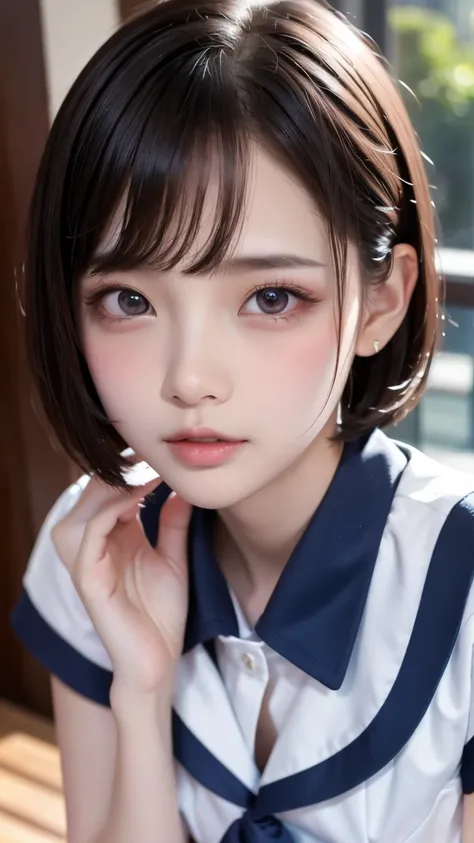 sexy sailor school uniform,Very very young beautiful girl,Very slim body, very short hair,Correct human body, detailed eyes , detailed face, very beautiful face , very cute face, Sexy Lips, beautiful skin, evenly balanced eyes, droopy eyes , Very Embarrass...