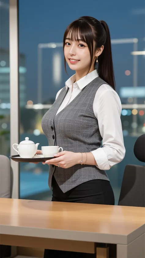   top quality of talks,Photogenic Clarity,8K ultra-high resolution, best image quality 、Masterpiece,   very detailed about trends  , 詳細なclothingの特徴 ,   high definition model ,  in the office,Business meeting room ,A woman bends forward and places tea on a ...