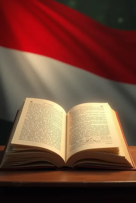 Create Image:** Design of the 1945 Constitution book open with the Indonesian flag in the background.  
 