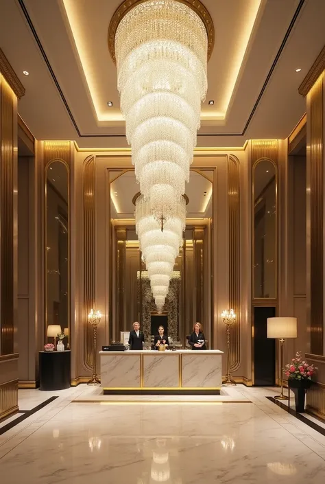 “A grand hotel reception with a towering crystal chandelier, a marble counter, and luxurious decor. The space has large mirrors, subtle golden details, and a mix of classical and modern elements. The atmosphere is welcoming and elegant, with staff in chic ...