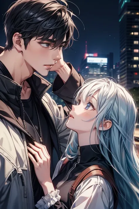 anime couple, boy and girl, close to each other, cool style, city background, sharp eye details, sharp face details, body details, for 4k and 8k images